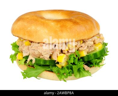 Tuna and sweetcorn filled bagels isolated on a white background Stock Photo