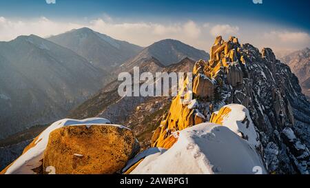 The dramatic landscapes of Seoraksan National Park in South Korea are breathtaking, especially in winter. Stock Photo
