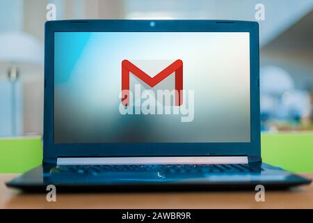 POZNAN, POL - DEC 11, 2019: Laptop computer displaying logo of Gmail, a free email service developed by Google Stock Photo