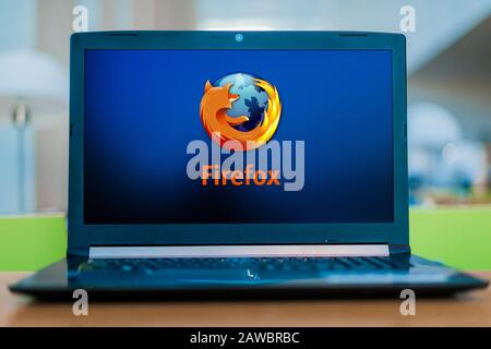 POZNAN, POL - DEC 11, 2019: Laptop computer displaying logo of Firefox, a free and open-source web browser. Stock Photo