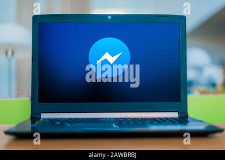 POZNAN, POL - DEC 11, 2019: Laptop computer displaying logo of Facebook Messenger Stock Photo