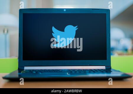 POZNAN, POL - DEC 11, 2019: Laptop computer displaying logo of Twitter, an American online microblogging and social networking service Stock Photo