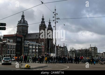 AMSTERDAM, THE NETHERLANDS  February 2020,The Church called 'Basiliek van de Heilige Nicolaas' in the city centre of Amsterdam, The Netherlands Stock Photo