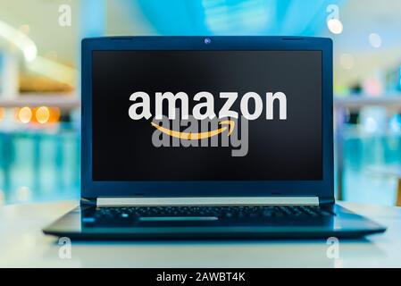 POZNAN, POL - JAN 30, 2020: Laptop computer displaying logo of Amazon, an American multinational technology company that focuses in e-commerce, cloud Stock Photo
