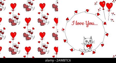 Vector seamless pattern set with doodles cats, hearts and flowers on a white background to create the design of cards, prints and fabric. Stock Vector