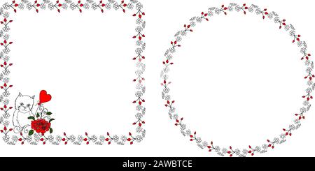 Vector floral doodle frames set and cat in love near flowers Stock Vector