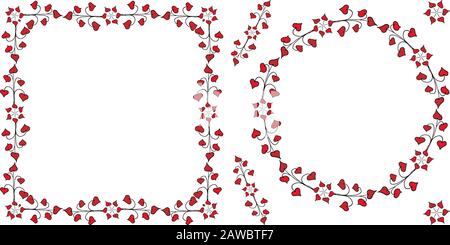 Vector seamless frame with red hearts and abstract patterns. Abstract curls and hearts . Stock Vector