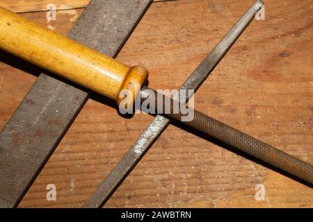 Old rasp. different carpentry files. various graters. instrument for wood processing. hand tools Stock Photo