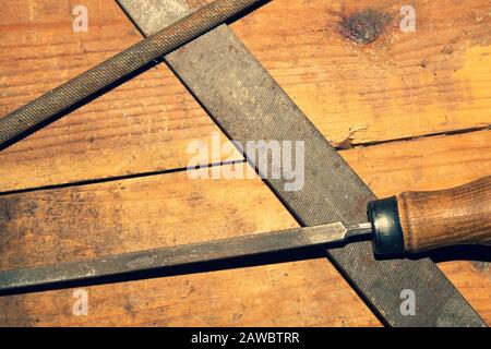 Old rasp. different carpentry files. various graters. instrument for wood processing. hand tools Stock Photo