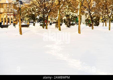 Path way made by people walking thru the snow in the park. Path in heavy snow. Winter concept snow-path in the evening light Stock Photo