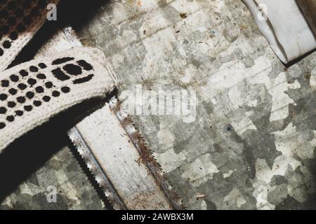 Dark rusty metal texture background. workbench surface. industrial backdrop Stock Photo