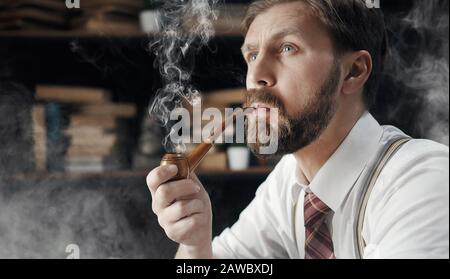 Smoking pipe man portrait Stock Photo