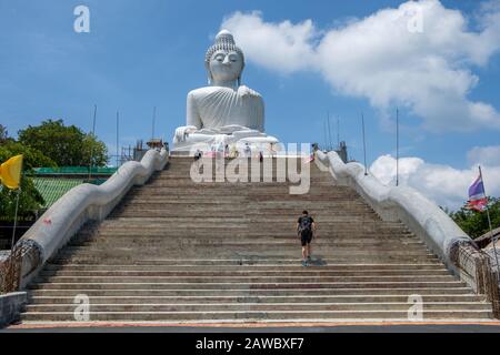 The famous 45 meter tall Big Buddha in Phuket. Phuket is large island and a popular travel destination in southern Thailand.
