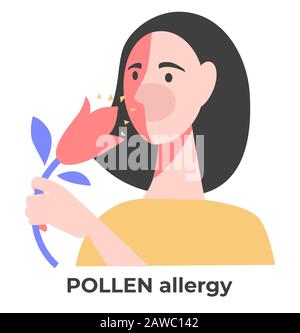 Pollen allergy, allergic girl with flower sneezing, healthcare Stock Vector