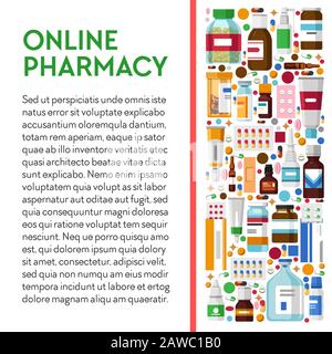 Online pharmacy banner with medication packages colorful icons and text Stock Vector