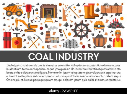 Coal industry banner template with mining icons set and text Stock Vector