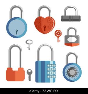 Locks with keys and closed padlocks in different shapes collection Stock Vector