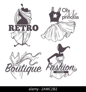Boutique or female clothes shop isolated sketch icons Stock Vector