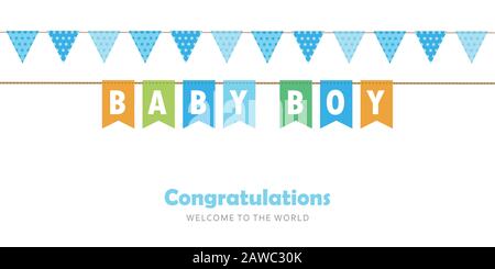 baby boy party flag welcome greeting card for childbirth vector illustration EPS10 Stock Vector