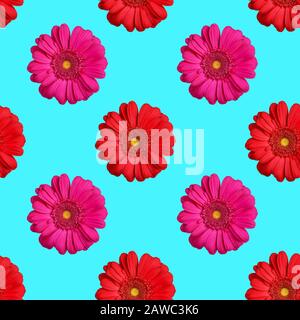 Seamless pattern of red and pink gerbera flowers on blue background isolated, bright gerber flower repeating ornament, daisy summer floral wallpaper Stock Photo