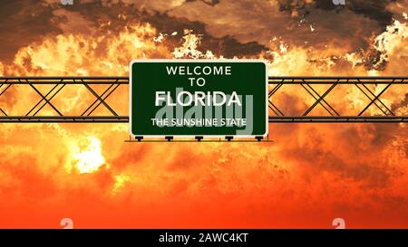 Welcome to Florida USA Interstate Highway Sign in a Breathtaking Cloudy Sunset Photorealistic 3D Illustration Stock Photo