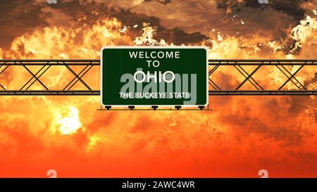 Welcome to Ohio USA Interstate Highway Sign in a Breathtaking Cloudy Sunset Photorealistic 3D Illustration Stock Photo