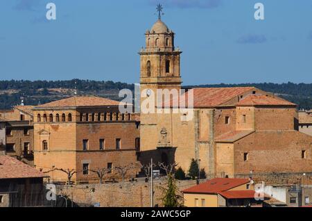 The Renaissance town hall and surrounding cobbled streets of Arnes, a medieval fortified town in Els Ports natural park, Catalonia Stock Photo