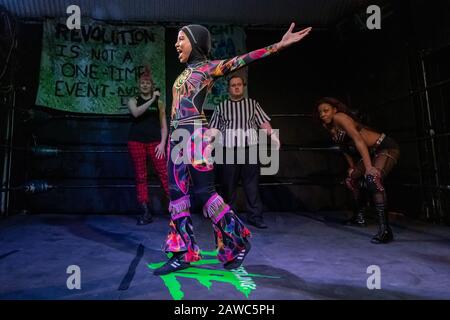 Nor 'Phoenix' Diana, 20, female wrestling champion from Malaysia and the world's first hijab-wearing professional wrestler. London, UK. Stock Photo