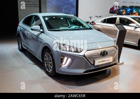 BRUSSELS - JAN 9, 2020: New Hyundai IONIQ Electric car model showcased at the Brussels Autosalon 2020 Motor Show. Stock Photo
