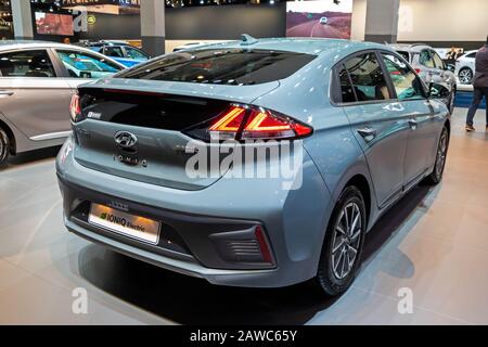 BRUSSELS - JAN 9, 2020: New Hyundai IONIQ Electric car model showcased at the Brussels Autosalon 2020 Motor Show. Stock Photo
