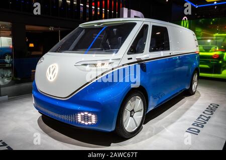BRUSSELS - JAN 9, 2020: New electric Volkswagen ID Buzz Cargo van model showcased at the Brussels Autosalon 2020 Motor Show. Stock Photo