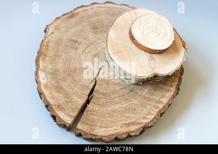 Hand made wooden rounds of different trees and sizes for interior decoration and as kitchen accesories Stock Photo