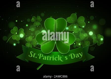 Saint Patrick's day background. Clovers with abstract lights bokeh. Banner ribbon with text. Green glitter. Vector illustration. EPS 10 Stock Vector