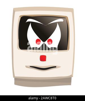 Early years desk top beige computer with scary scar face on a white ...