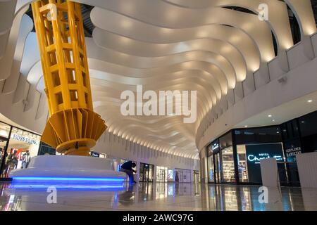 An empty shopping mall in the interior of the O2 Millennium Dome in North Greenwich London Stock Photo