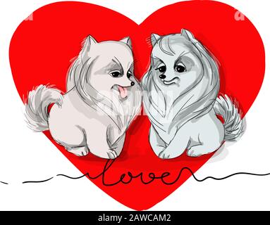 vector illustration valentine two white dogs in love inside the heart Stock Vector