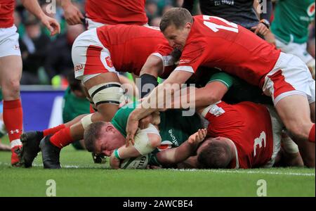 Ireland s Tadhg Furlong centre scores his side s second try during