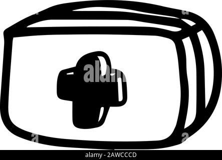 First aid kit doctor bag in hand drawn doodle style isolated on white background. Vector stock outline illustration. Single. Sign element. Medical equ Stock Vector