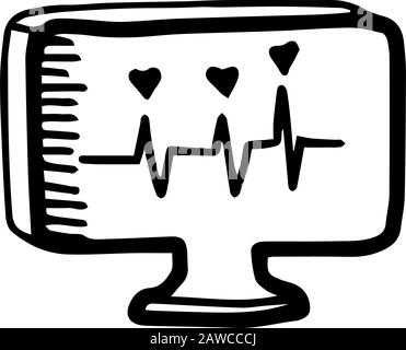 Check heart beating with ECG.Heart rate monitor in hand drawn doodle style isolated on white background.Medical electronics. Vector stock outline illu Stock Vector