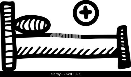 Hospital bed in hand drawn doodle style isolated on white background. Vector stock outline illustration. Single. Sign element. Medical equipment. Logo Stock Vector
