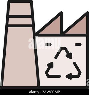 Plant recycling garbage, industrial waste factory flat color line icon. Stock Vector