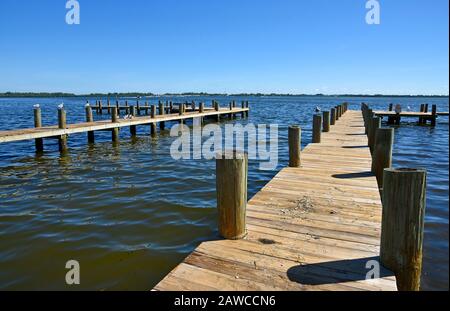 Wooden Boat Docks on Anna Maria Island,  Florida Stock Photo