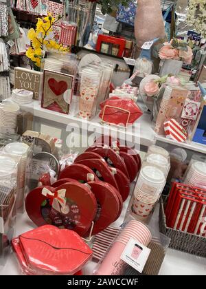 ISELIN, NEW JERSEY / UNITED STATES - January 9, 2020: A variety of Valentines Day decorations and other items are on display at a Marshalls store Stock Photo