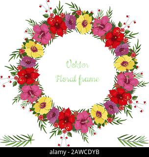 Hibiscus and palm leaves round frame.Tropical plant wreath in vector.  Stock Vector