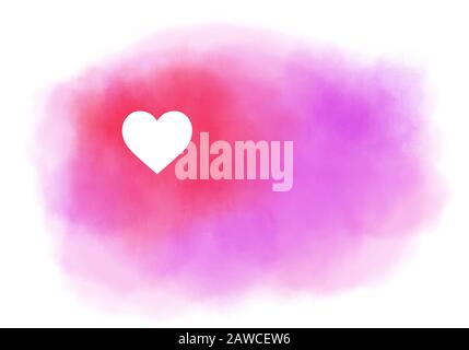 Light pink and red watercolor brush splash cloud with a white heart on white background. Valentine or love concept. Ethereal delicate backdrop on whit Stock Photo