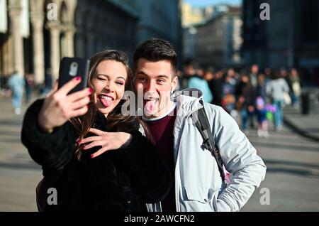 Couple of turists taking a selfie in the city Stock Photo