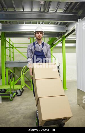 Young loader carrying heap of cardboard boxes on cart working in storage room Stock Photo