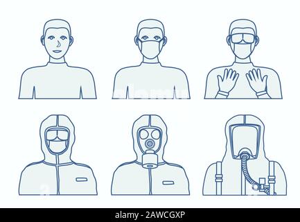 Personal protective equipment against biochemical threats. Line drawings. Stock Vector