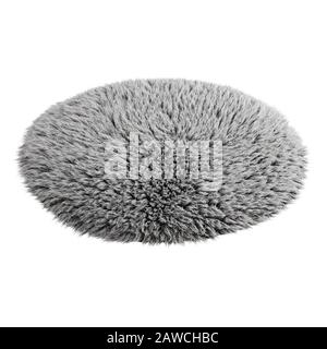 Round gray carpet made of sheepskin wool on isolated background. 3D rendering Stock Photo
