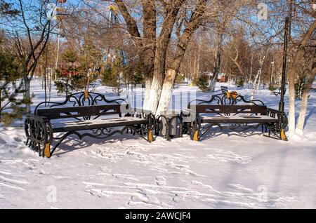 Two park benches are covered by fresh snow. Winter snow park benches view during day light. Public park in winter time. Stock Photo